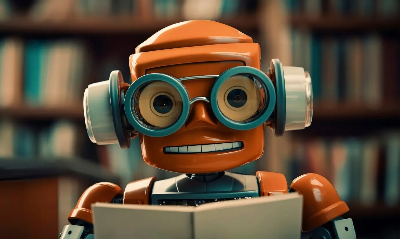 Blick auf einen futuristischen Roboter in einer Schulumgebung